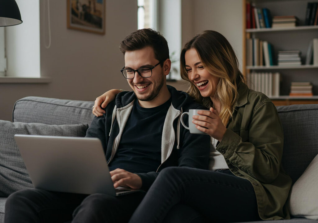 Happy couple laughing and looking at a laptop