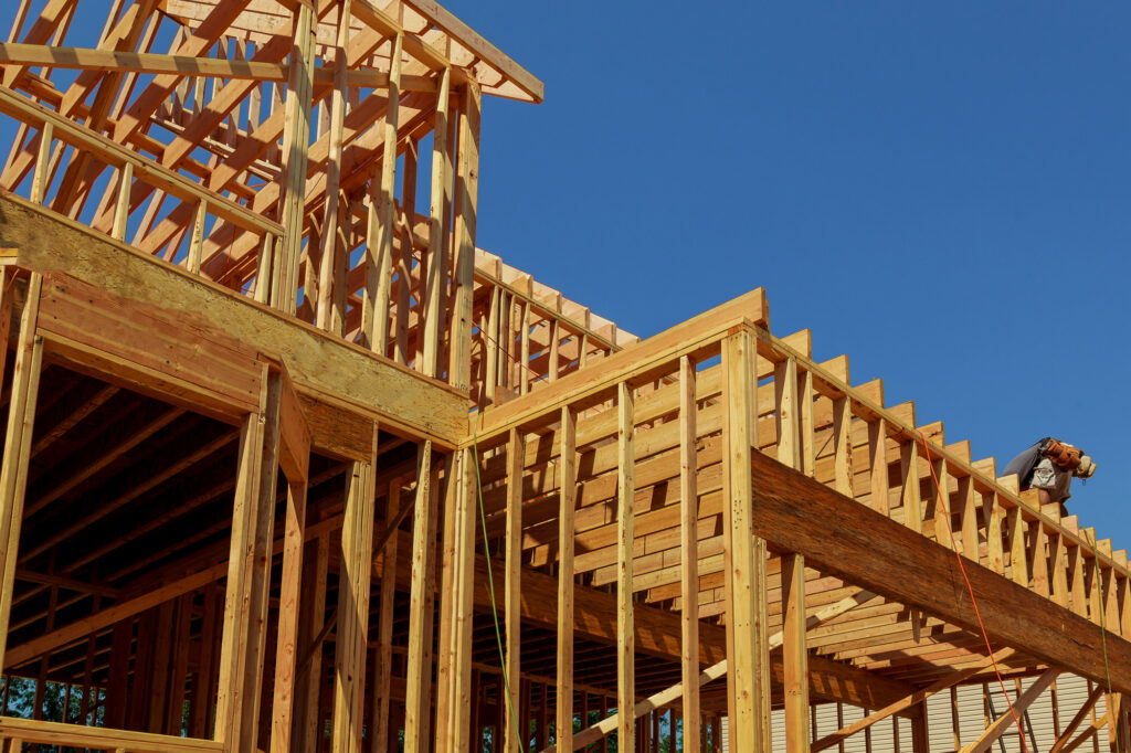 A new house being built, with just timber framing