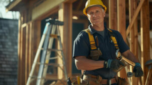 A sole trader male builder wearing a hard hat at a construction site