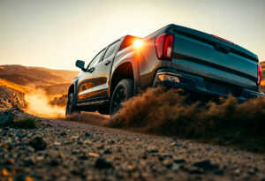 A new ute for a tradie, driving on a dirt road with sunset in the background