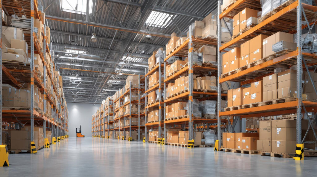 A warehouse full of stock with a forklift in the background